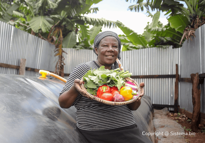 Copyright @ Sistema.bio Woman holding a basket of fresh produce outdoors